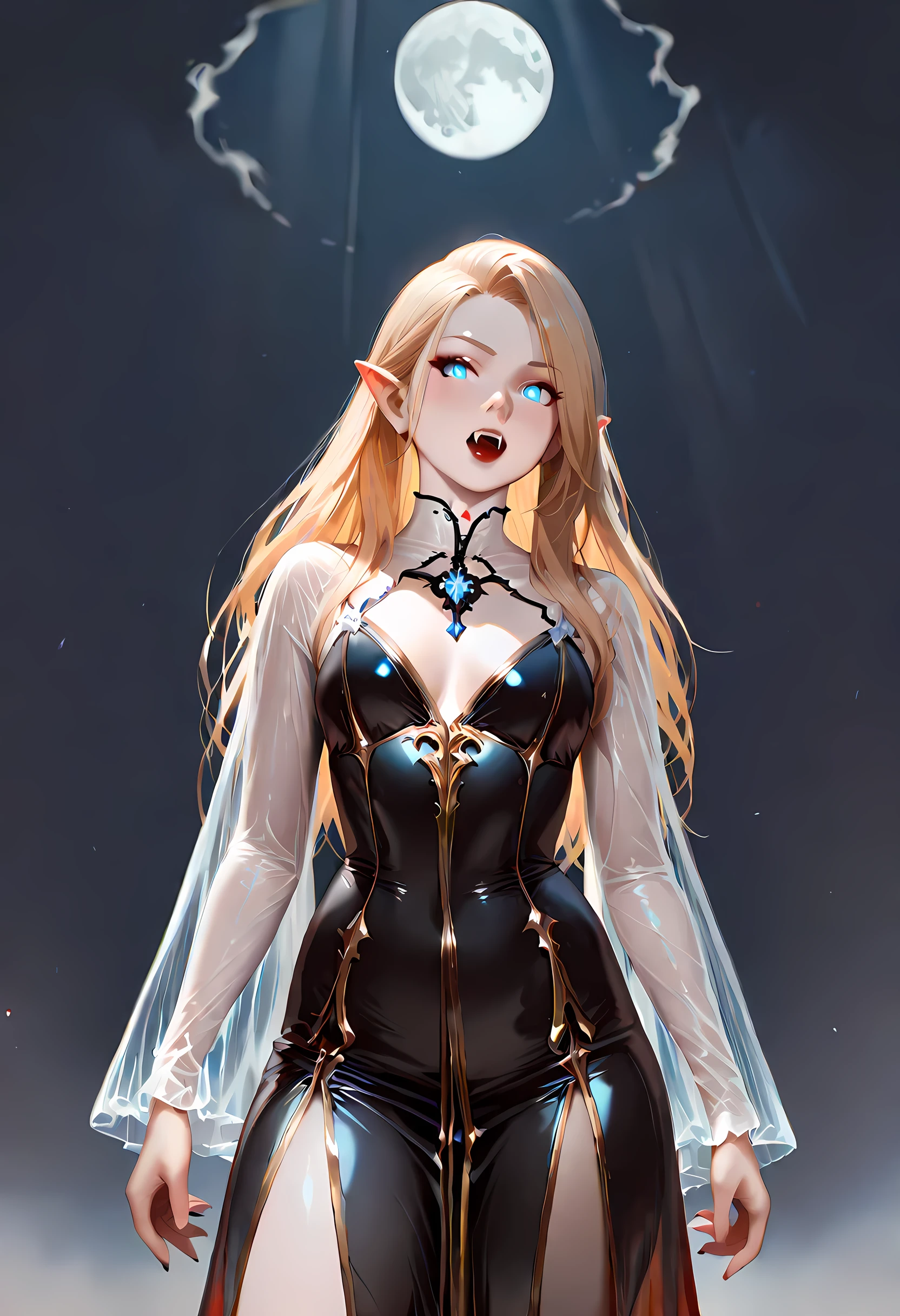 (High Detail:1.2) Anime Girl, (Best quality, Detailed), (dark, smile, gravelly:1.3, dark:1.2), 1girl, (solo), elf, long pointed ears, long bushy hair, light gold hair, dark blue eyes, freckle, white skin, sinister, intense look, background dark, Volumetric light, hyper realistic, super detailed, Dynamic pose, (medium breasts), white dress, body view.