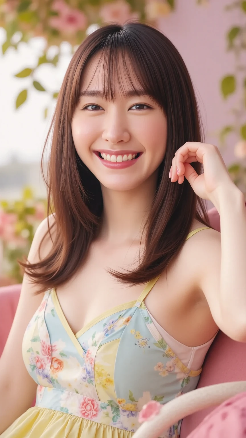 top-quality, masterpiece, hight resolution, Original, highly detailed wallpaper, Viewer's Perspective, Solo, portlate, (Perfect litthing), 70yo, Mature Woman Body Set, Exposing breasts, showing teeth, Staring at this, Floral background, undergarment, (Mature), Natural wrinkles, ultra-realistic, Natural skin, Natural hair color, {{milf}},