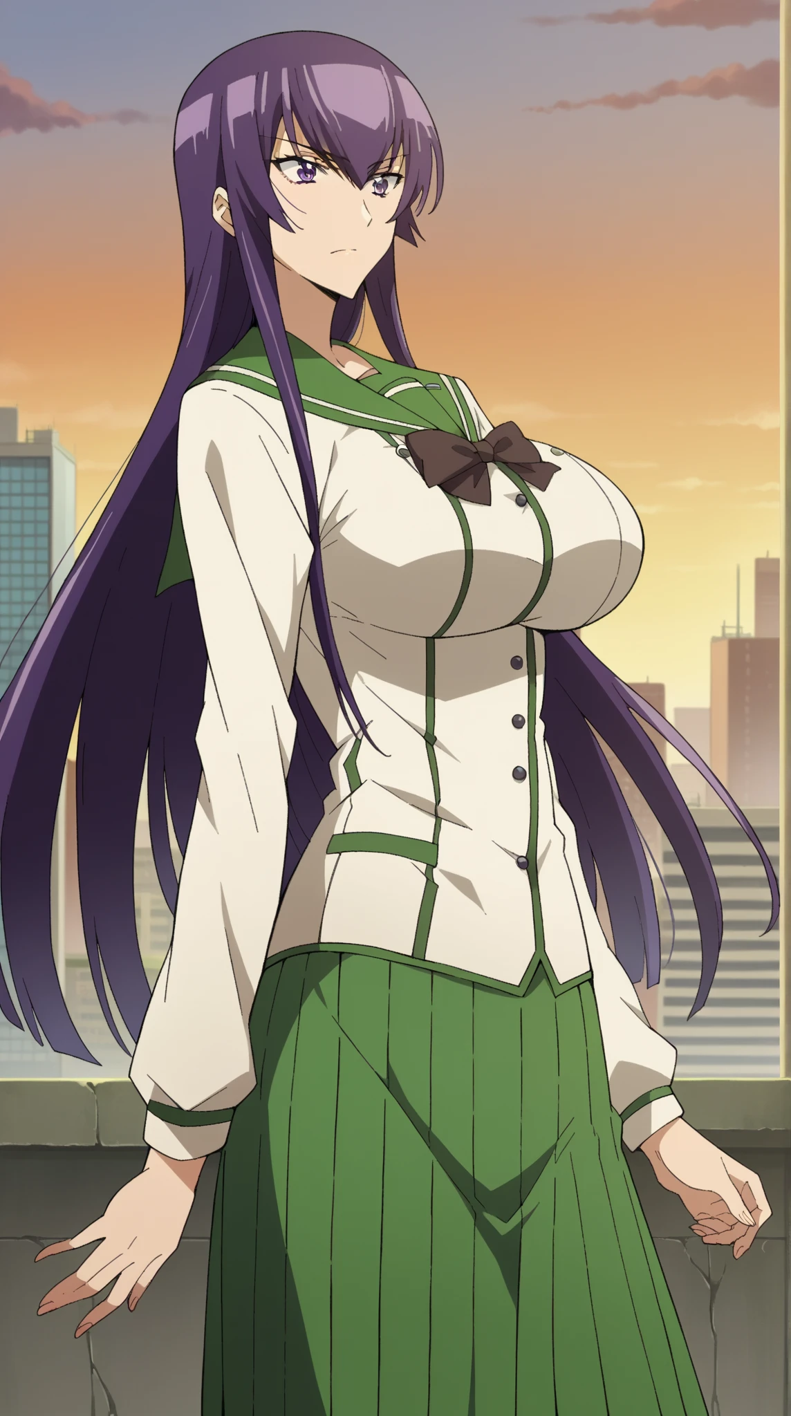 masterpiece, best quality), 1girl, Saeko busujima, long hair, purple hair, (purple eyes:1.1), hair between eyes,, skirt, long sleeves, bow, school uniform, serafuku, green skirt, puffy lips, painted lips, thick lips, wide hips, thick thighs, big breast, huge ass, revealing cleavage, bubble butt, fake breasts, black bra, breasts, holding sword