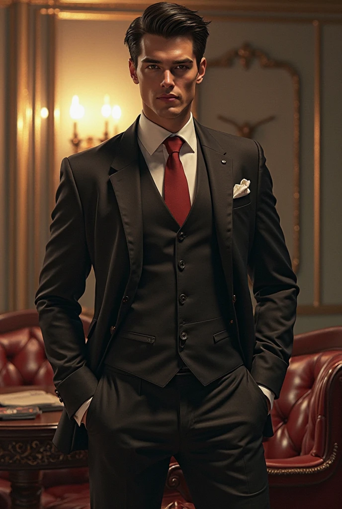 a tall angry masculine man in a suit, sitting in a chair, bulge in trousers, low angle shot, cinematic dramatic lighting, photorealistic, 8k, high detail, chiaroscuro lighting, evil smile, Red hair, red eyes, focus on bulge, very detailed face, bright eyes
