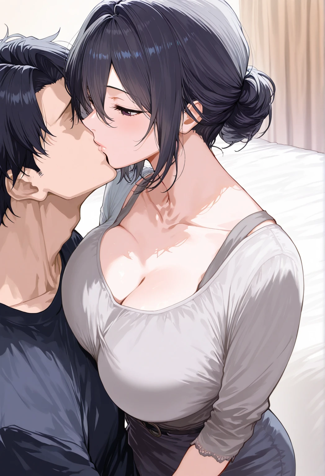 adult mother 50 years old, in one removed bra at home,pubic black hair, has sex with his little son, son looks surprised, mother hugs her little son, son inserts big penis into mother's crotch.