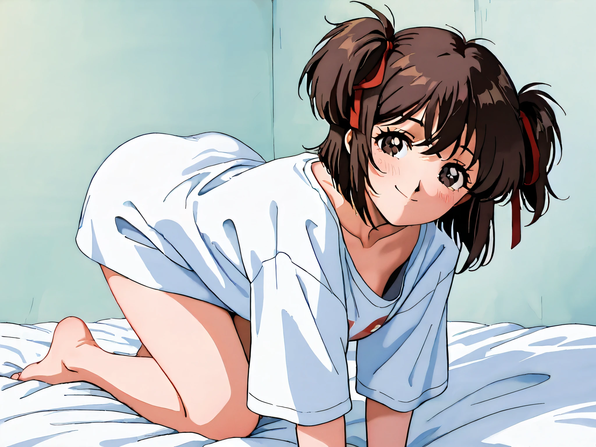 kayo,dark brown eyes,dark brown hair,two side hair,shoulder-length short hair,hair tied thin red ribbons,,tareme,labiomental sulcus,masterpiece,best quality,amazing quality,ultra detailed, very aesthetic,highres, beautiful detailed hair, beautiful detailed eyes, beautiful detailed face,beautiful,super detailed skin, perfect anatomy,score_9, score_8_up, score_7_up, source_anime,retro art style,[[realistic]],shy,smile,watery eyes,on a bed,oversized T-shirt,whole body,barefoot,from side,on all fours