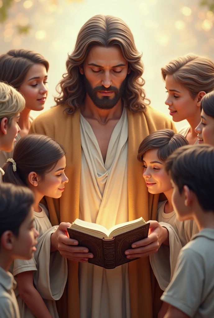 Vintage hand drawn image of Jesus sitting with children reading the Bible and having fun 