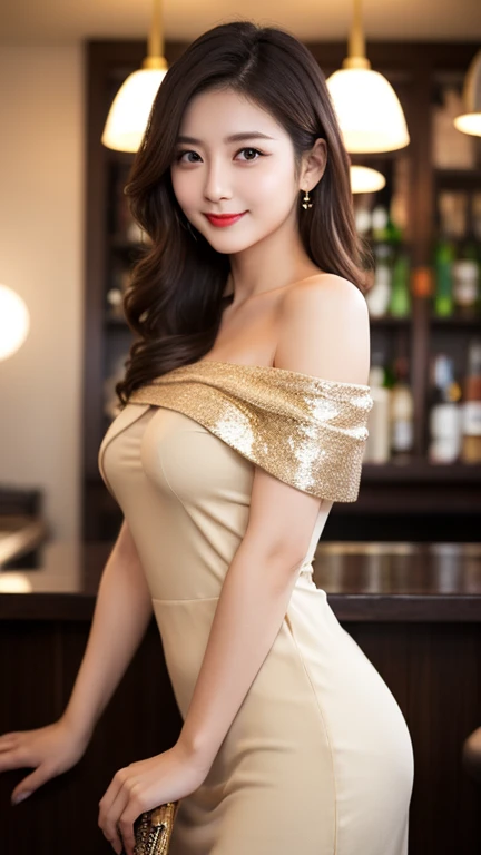 Highest resolution, 4K, Masterpiece: 1.3), A Japanese milf, Sexy: 1.1, fine eyes, Slender figure, Realistic teeth, double eyelids, full body, best quality, detailed, beauty, new year party, wear dress