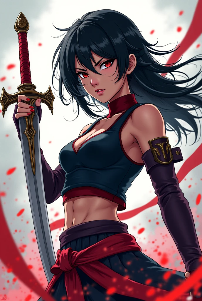 It generates the image of a very young woman with very tight medieval clothing that highlights her curves and breasts and a red sword similar to a katana.. Details (Big breasts, big hips, slim with athletic body, Red and black leather clothing very tight but elastic) drawing style: anime style