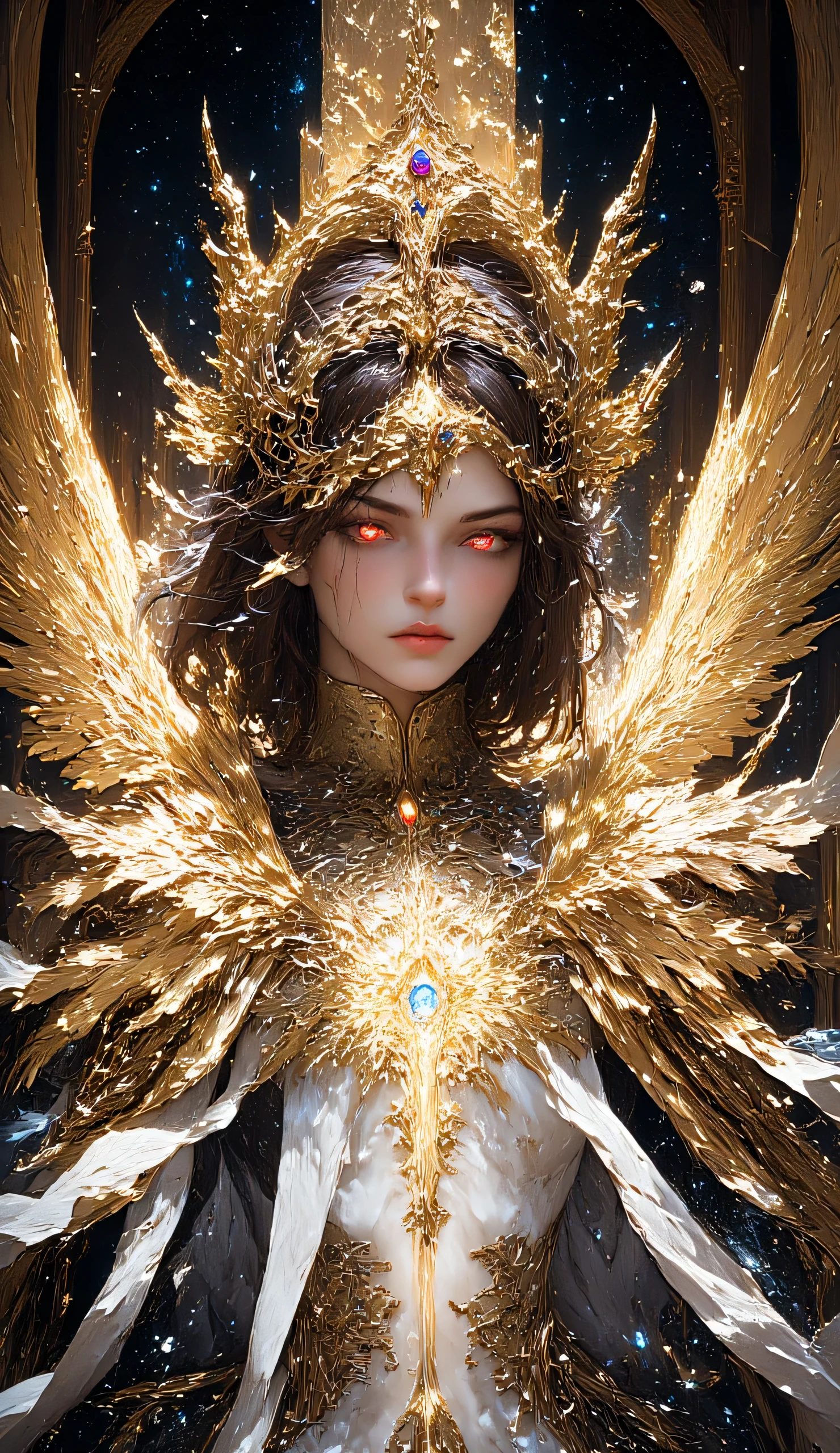 Create a fantasy female adorned in elaborate golden armor and jewelry. She should wear a golden crown with intricate designs, featuring wing-like extensions and gemstones. Dress them in a white garment with gold accents and detailed patterns. Include a golden necklace with large gemstones and a heart-shaped pendant. The background should be filled with sparkling stars, creating an ethereal and magical atmosphere.