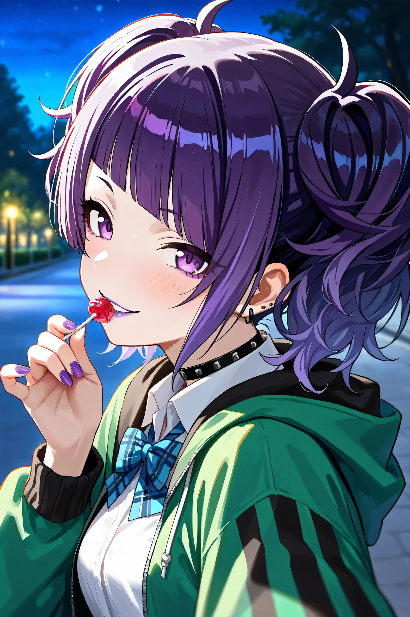 (Masterpiece:1.2), (Highest quality:1.1), (Very detailed),
(The best shape), (Best shadow), (Absurd),
(Detailed Background), (So beautiful), Shiny,
Beautiful eyes in every detail, Extraordinary, Countershading, 8k, 32K, High resolution,
Very Detailed CG ,
Score_9, Score_8_up, Score_7_up, Source_anime,
(Pastel painting:1.2), (Watercolor painting:1.2),
(Masterpiece, Detailed:1.2), (Foreshortening:1.2),
Cinematic, Dramatic, (Depth of field:1.4),
(Blurry background:1.4), (Realistic background:1.4),
1 girl, Solo, Dynamic angle, from side,
Nature, Park, Night,
Tanaka Mamimi,
the idolmaster shiny colors,
tnkmmm, purple hair, short twintails, blunt bangs, diagonal bangs, purple eyes, medium breasts, small breasts,
(School uniform:1.3),
Open hoodie, Green hoodie, Solid hoodie,
Collared shirt, Long sleeve shirt, White shirt,
Indigo ribbon, Butterfly ribbon,
Choker, Purple nail,
(Blush:1.3),
Portrait, (Close up shot:1.6), Looking at viewer,
smile, Evil smile,
(Focus on mouth:1.2), (Purple lips:1.1),
Realistic skin, Shiny skin,
Holding a lollipop,