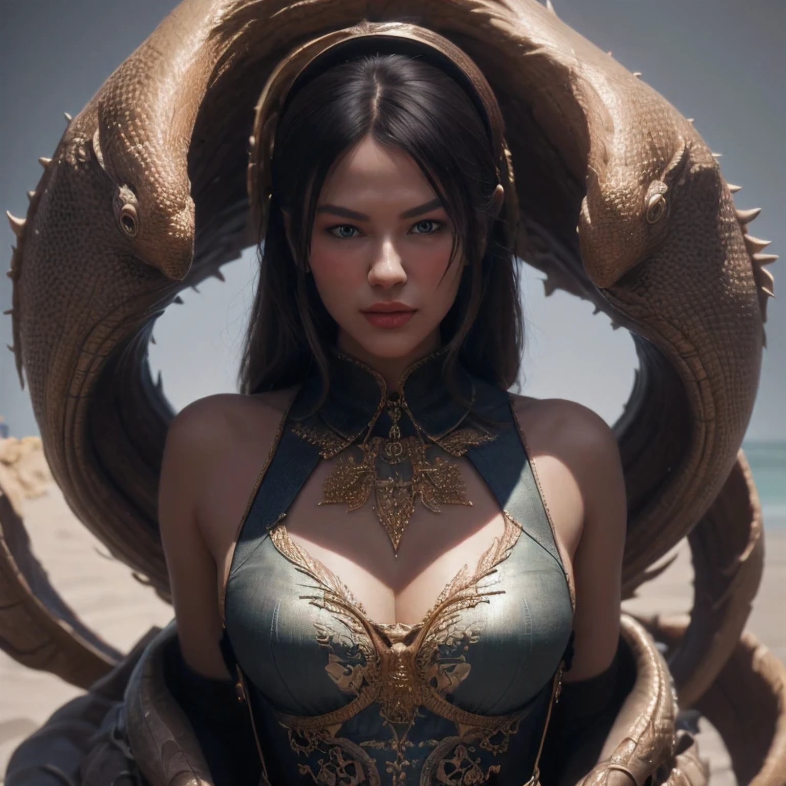((best quality)), (ultra-detailed), ((extremely detailed)), 8K, (((beautiful Lamia))), (((Snake Woman))), snake body, best quality, Japanese shrines, torii ,night, (curvy),1 woman, have a crystal ball ,solo, Japanese style costume, black hair, ((clear gold eyes)), ((beautiful eyes)), pale skin, long hair, cool smile , fire effect, lens flare, medium breasts