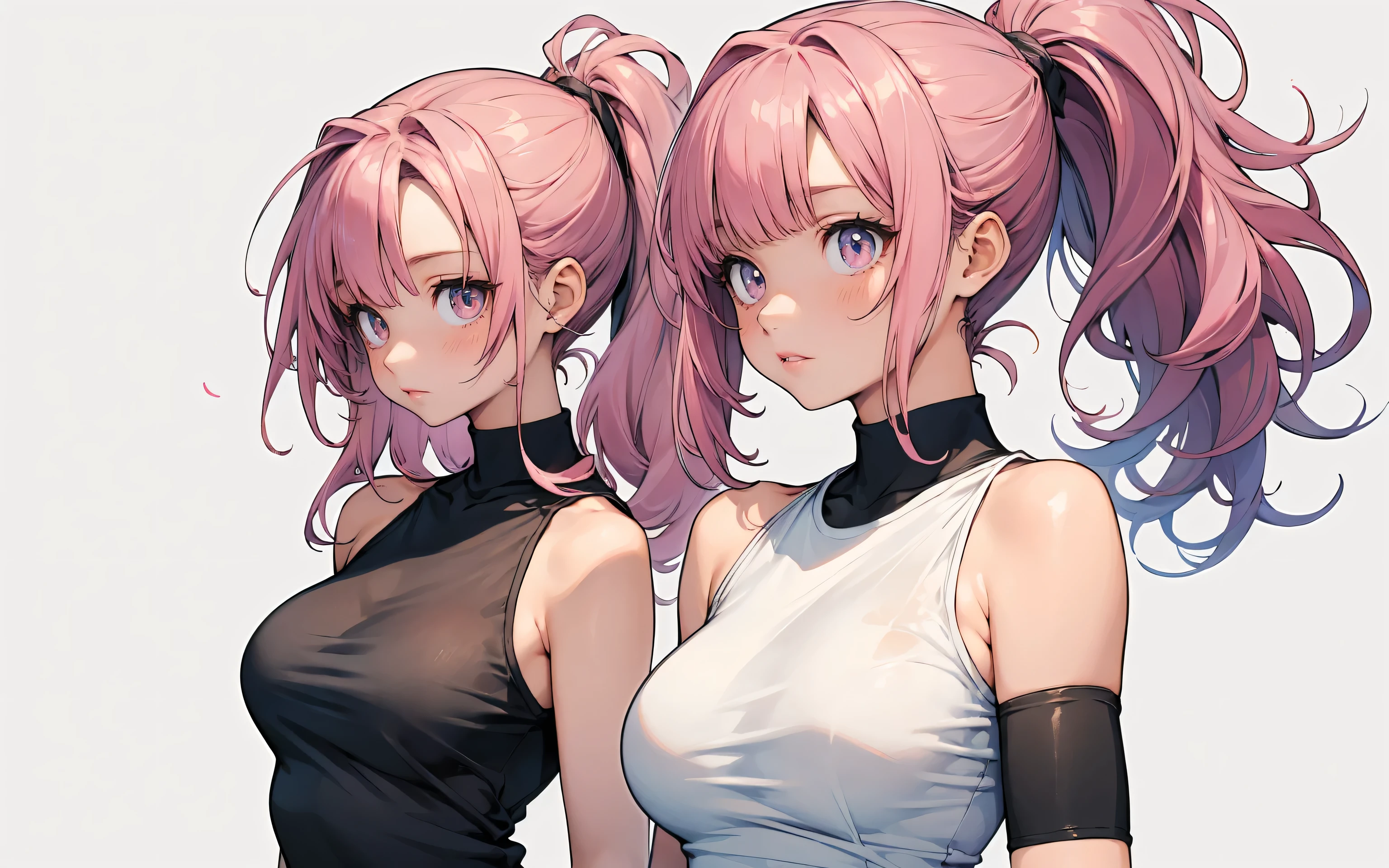 make a poster with an abstract watercolour background, side composition, 1 girl, extremely detailed face and eyes, long wavy messy pink hair in a ponytail, very tight sleeveless halter shirt,(medium sized round breasts:1.0), (tight shirt:1.3), (round breasts:1.3),