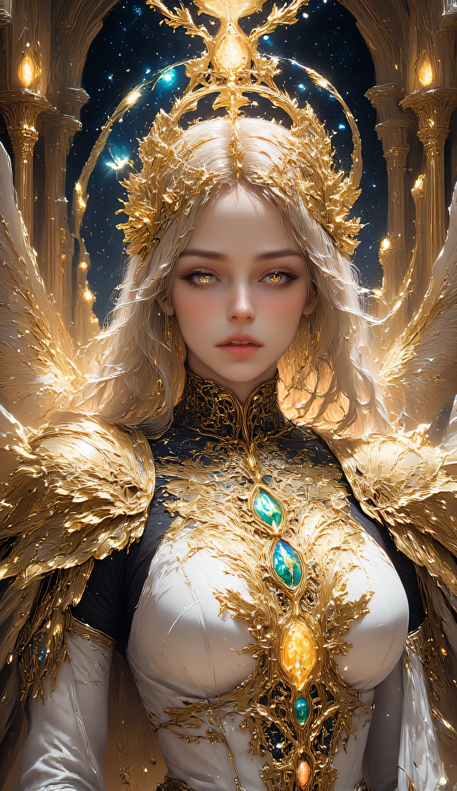 Create a fantasy female adorned in elaborate golden armor and jewelry. She should wear a golden crown with intricate designs, featuring wing-like extensions and gemstones. Dress them in a white garment with gold accents and detailed patterns. Include a golden necklace with large gemstones and a heart-shaped pendant. The background should be filled with sparkling stars, creating an ethereal and magical atmosphere.