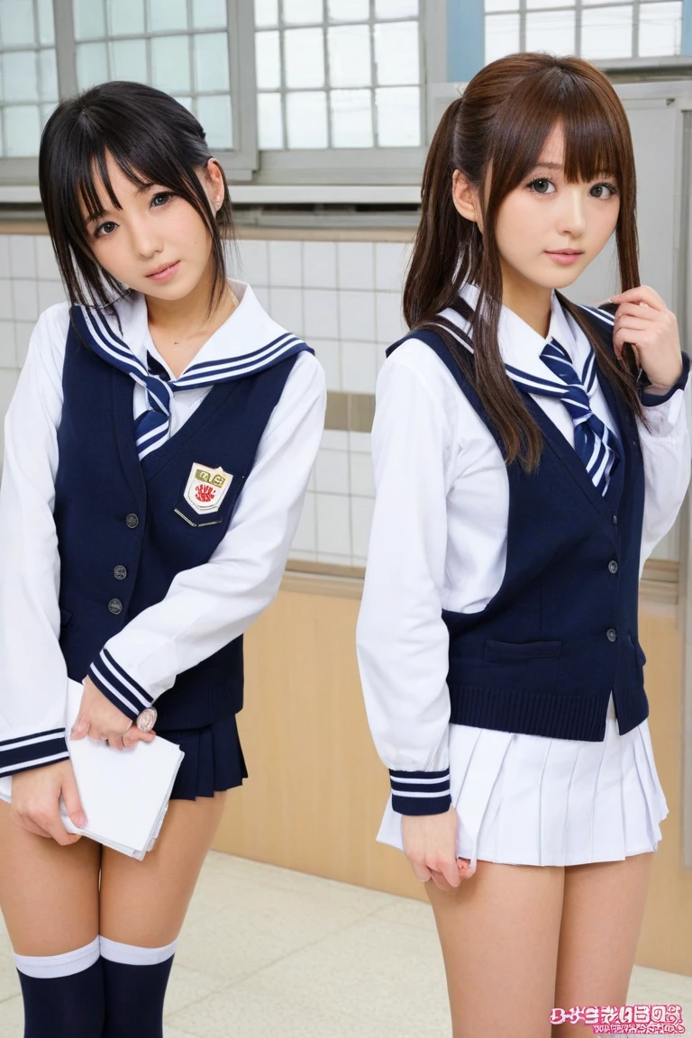 (masterpiece,highest quality,High resolution,Realistic:1.2),(One high school girl is wearing a long-sleeved sailor suit and a short navy pleated skirt, so a little bit of her white panties are visible.:1.2),(Smiling with some teeth showing:1.3),(bob cut, black hair:1.3),(beautiful hands:1.3),(woman&#39;s hand:1.3),(Reduce skin exposure,The belly is not exposed:1.2),(cowboy shot:1.5),(16 year old Japanese female:1.2),(clothing that fits:1.2),(school hallway:1.3), (camel toe:1.3), (flat chest:1.3),(The upper body is thin:1.3),(big butt, thick thighs:1.2), (A is seen from below:1.4)