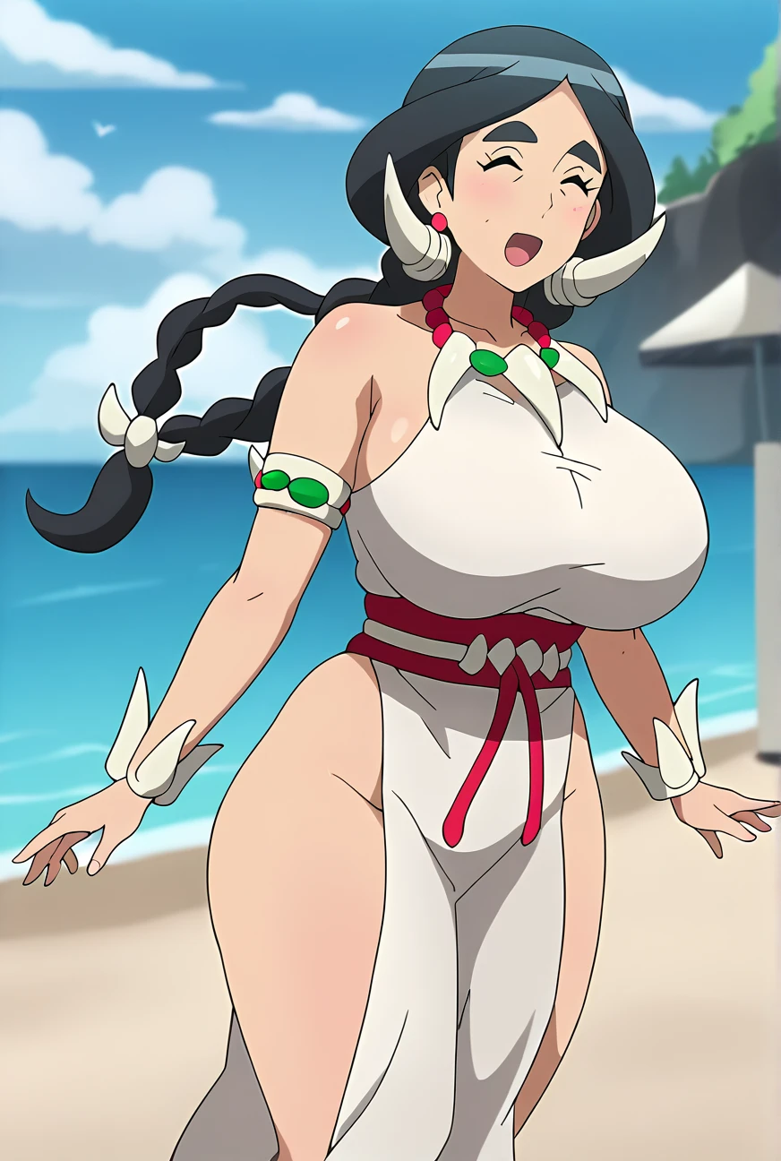 score_9, score_8_up, score_7_up, score_6_up, score_5_up, score_4_up, Drasna, closed eyes, black hair, tribal horns, mature female, tooth_necklace, tooth_bracelet, thick eyebrows, 1girl, closed mouth, solo, smile, large breasts, sagging breasts, outdoors, beach, ocean, brown slingshot bikini, standing, sexy pose, arms behind head, armpits