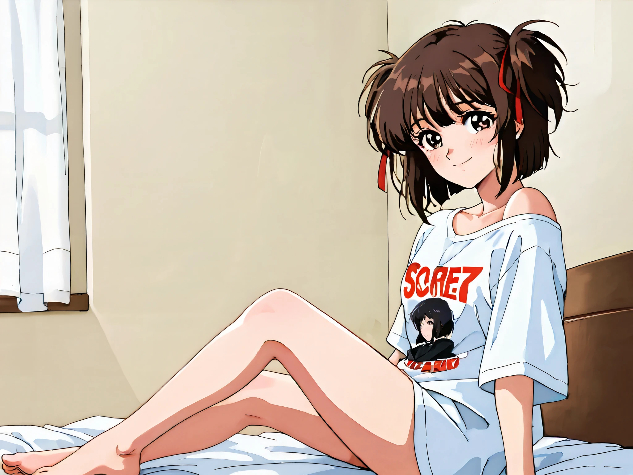 kayo,dark brown eyes,dark brown hair,two side hair,shoulder-length short hair,hair tied thin red ribbons,,tareme,labiomental sulcus,masterpiece,best quality,amazing quality,ultra detailed, very aesthetic,highres, beautiful detailed hair, beautiful detailed eyes, beautiful detailed face,beautiful,super detailed skin, perfect anatomy,score_9, score_8_up, score_7_up, source_anime,retro art style,[[realistic]],shy,smile,watery eyes,sitting on a bed,oversized T-shirt,whole body,barefoot,from side,
