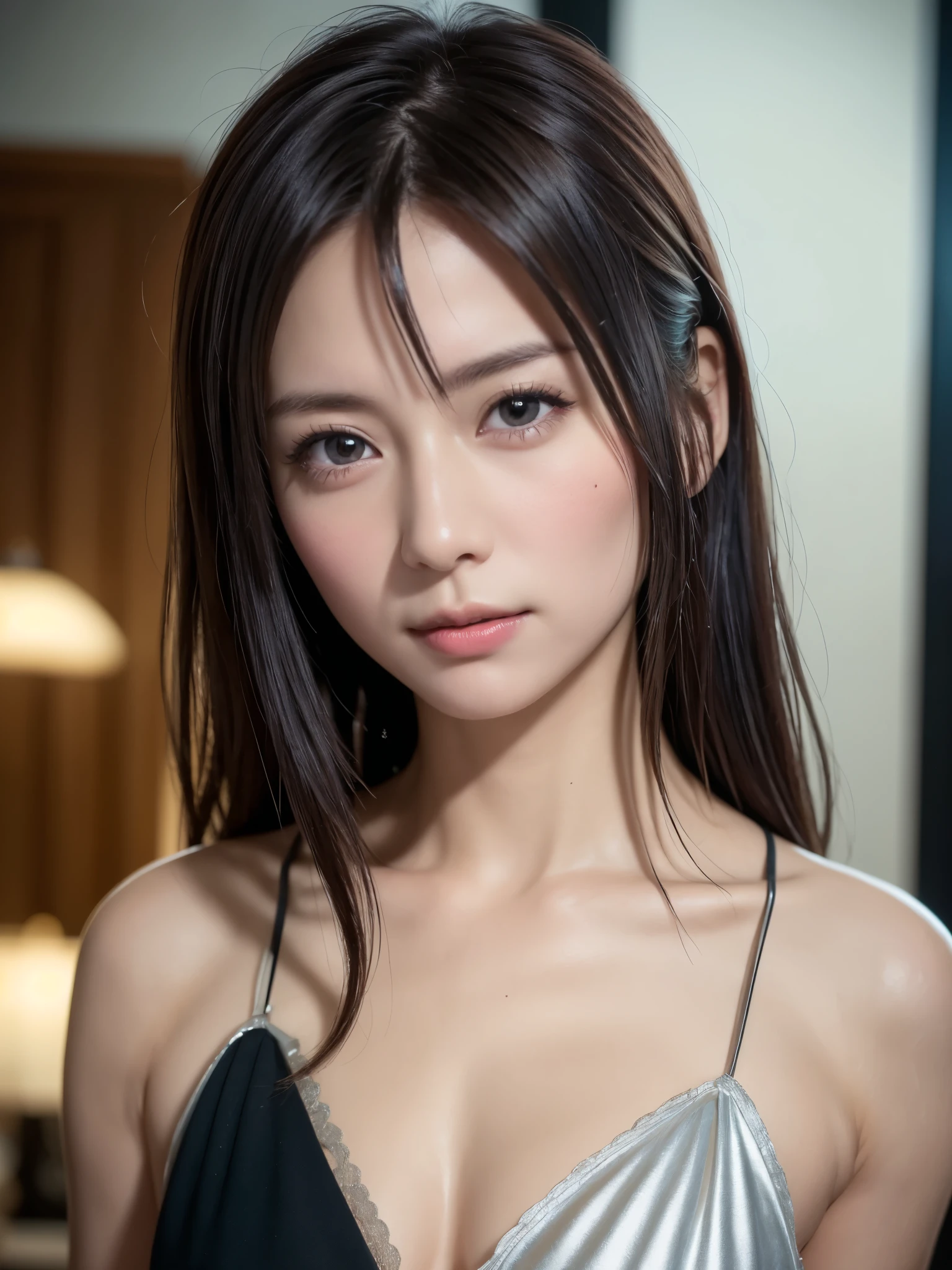 Night, RAW Photography, (((Very Beautiful Portrait))), (Very Beautiful Portrait))), 1 Girl, Sexy 2 Girl, ((Natural Brown Hair with Short Cuts)), [Brown Eyes],Gentle Smile Staring at the Camera(cleavage), ((Masterpiece, Best Quality, Ultra Detail, Cinematic Lights, Intricate Detail, High Definition, 8k, Very Detailed)), Detail Background, 8k UHD, DSLR, soft lighting, high quality, film grain, fujifilm XT3, shallow depth of field, natural light, perfect face