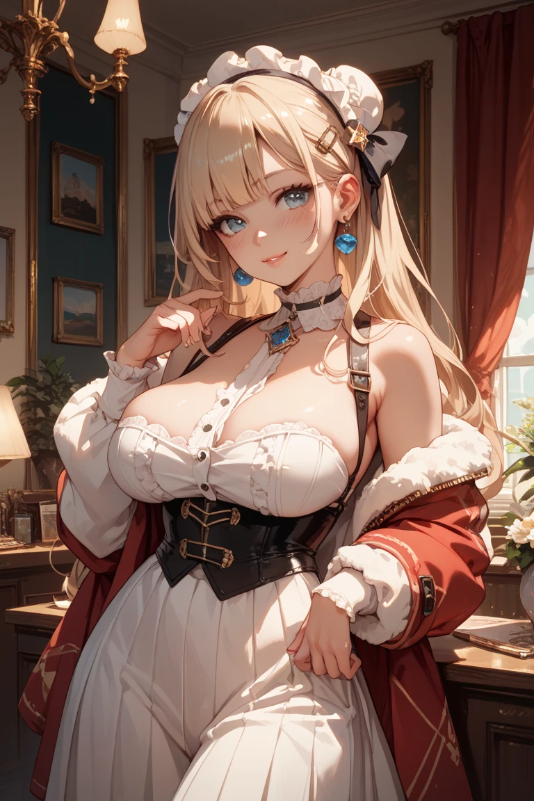 ((greatest masterpiece:1.3, ultimate quality:1.3, ultra-detailed, movie lighting, perfectly sensual)), super fine illustration, an extremely delicate and beautiful, 4K, 8K, 16K, UHD, 1girl, solo, Highest Quality, masterpiece, beautifully detailed eyes, grey eyes, long platinum blonde hair, large breasts, standing, makeup, glossy lips, full lips, (natural lighting), Medieval dress, light smile, collarbone, cleavage voluptuous, well-proportioned feminine body, anatomically perfect, detailed beautiful face, promotional photo, panel photo, shy charming smile, choker, Seductive pose, anatomically perfect, snow village