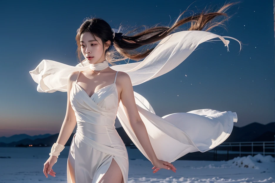 (巨作:1.3),(Best quality:1.2),8K,absurderes,(Extremely detailed:1.3),supreme,Dancing, 1girll,[[[on 1 hand only four fingers + 1 thumb]]],  Solo, Long hair, Brown hair, Black hair, White dress, Bare shoulders, Full body, Closed eyes, black shadows,(Ethereal:1.4),Floating,(floating long dress:1.3)