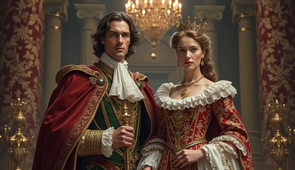 best quality,4k,highres,ultra-detailed,portrait,Lady Godiva and her husband Earl Leofric,longhaired beautiful woman,rugged nobleman,medieval,royal attire,palace interior,golden throne,detailed facial features,expressive eyes and lips,rich colors,soft lighting