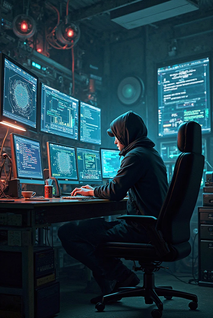 Mysterious man hacker with his back surrounded by tables and screens, screens with programming code, coding screen, royal blue, golden yellow, blue and yellow painting with high relief texture, 4D, 8k, high tech, futuristic, ornamental photorealism, abstract impressionism, arte por Jeremy Mann