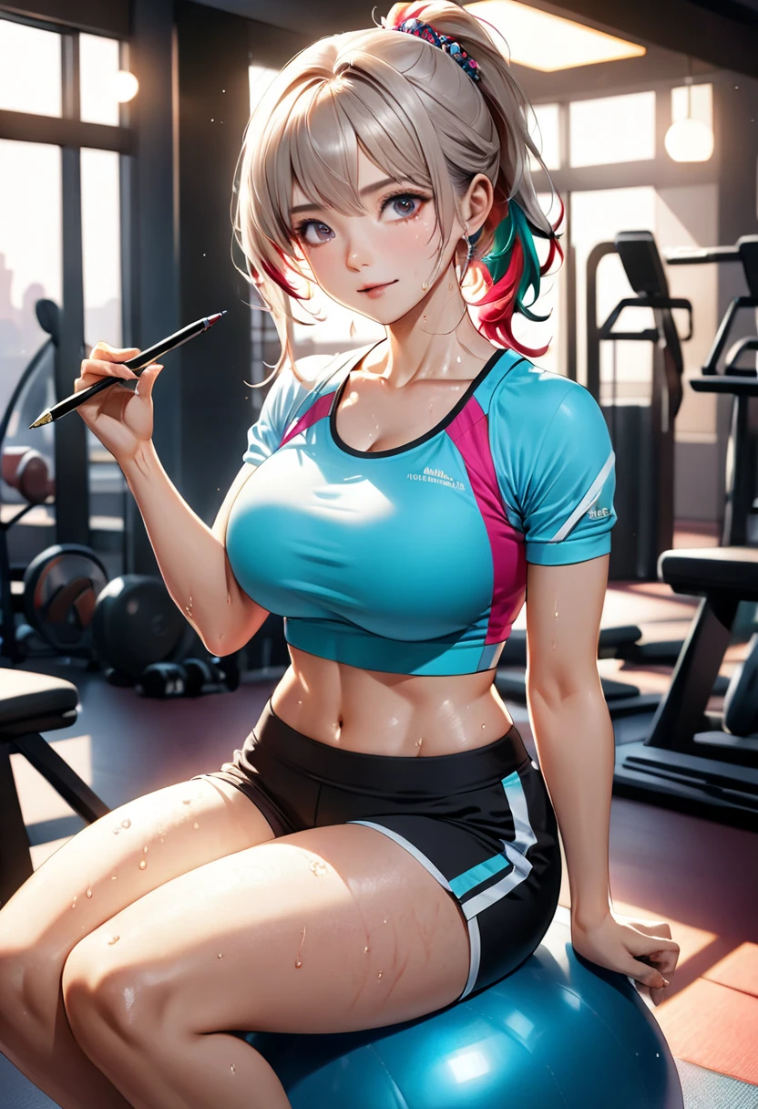 ((masterpiece,Highest quality,Highly detailed images,Beautiful images,Realistic)), ((1 girl, cool face, cool lady, Gray Hair, Crop top,Black sportswear, Sporty hoodie、underboob, smile, blush)) ,((indoors、fitness gym, Hair swaying in the wind))