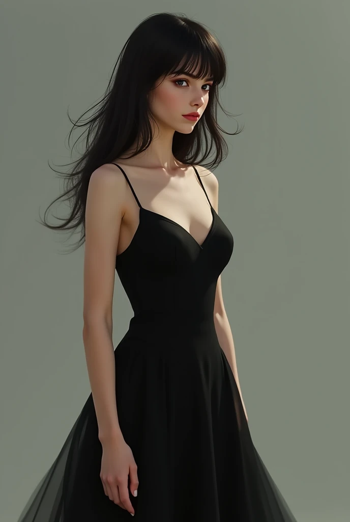 Best Quality, Masterpiece, High Resolution, 1 Girl, Porcelain Dress, Hair Accessory, Necklace, Jewelry, Beautiful Face, Physics, Tyndall Effect, Realism, Dark Studio, Edge Lighting, Two-tone Lighting, (High Detail Skin: 1.2), 8k UHD, DSLR, Soft Light, High Quality, Volumetric Light, Voyeur, Photo, High Resolution, 4K, 8K, Background Blur, Bandeau, Full Body Long Legs, Black Gauze Dress, Refined Face