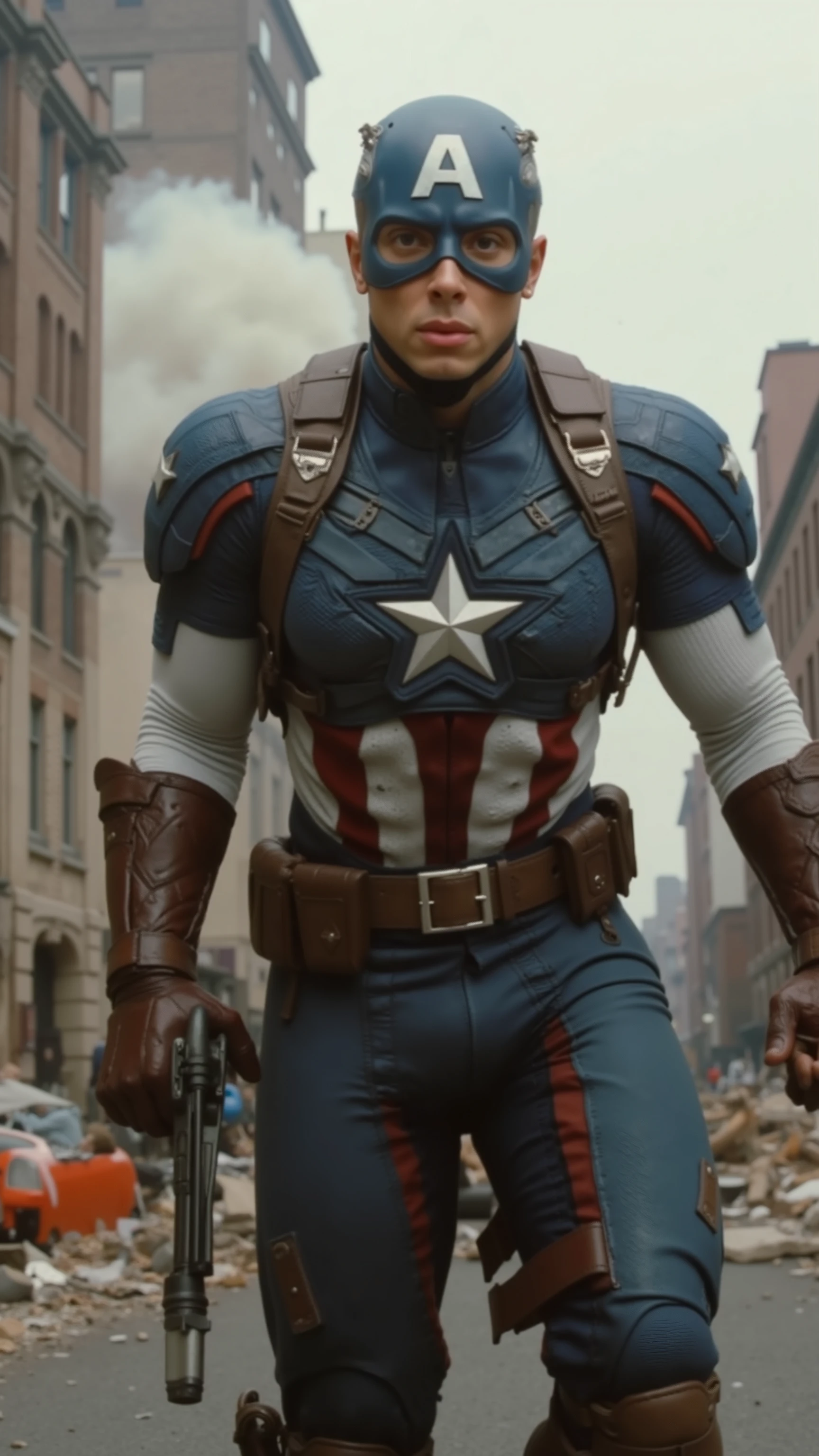 A low-resolution DVD screengrab from an early 2000s superhero movie, featuring Central Cee as Captain America in a dynamic action scene. The image has a muted color palette, subtle chromatic aberration, and realistic film still composition. Central Cee wears a modified Captain America suit, blending urban and military styles, standing in a battle-damaged cityscape with smoke and debris