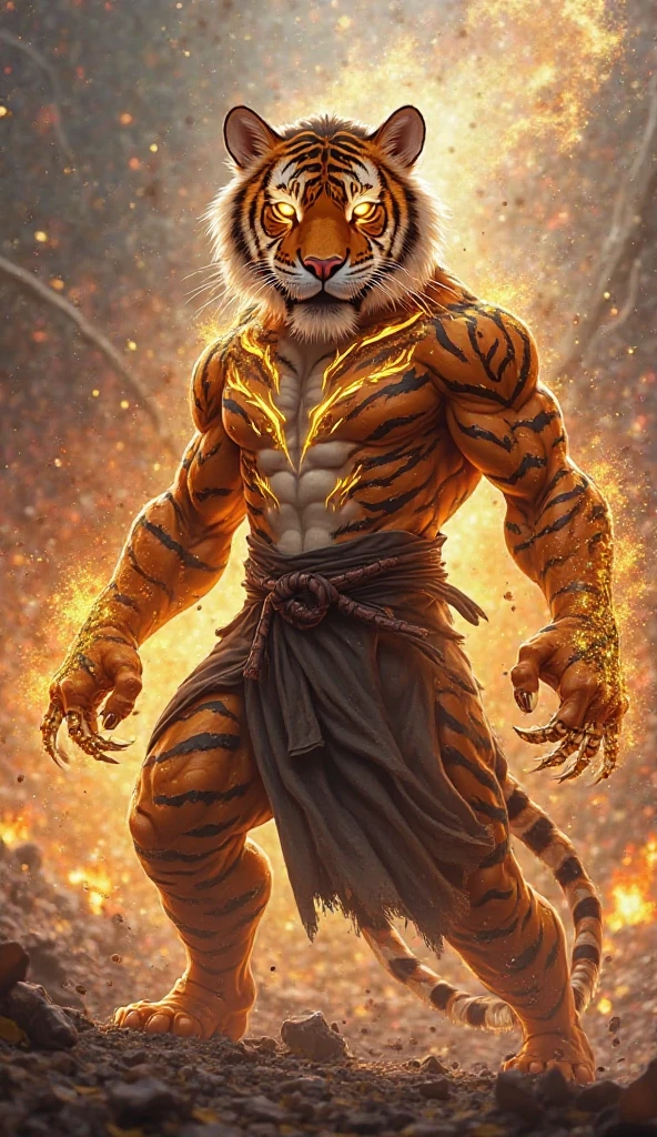 I want a tiger with human characteristics, very muscular with a magic circle on his back, bright eyes and power coming out of the hands.