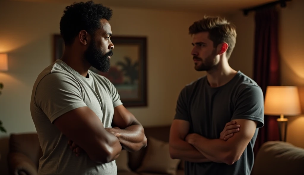 Skinny black man in white tank top, CJ, talking to them