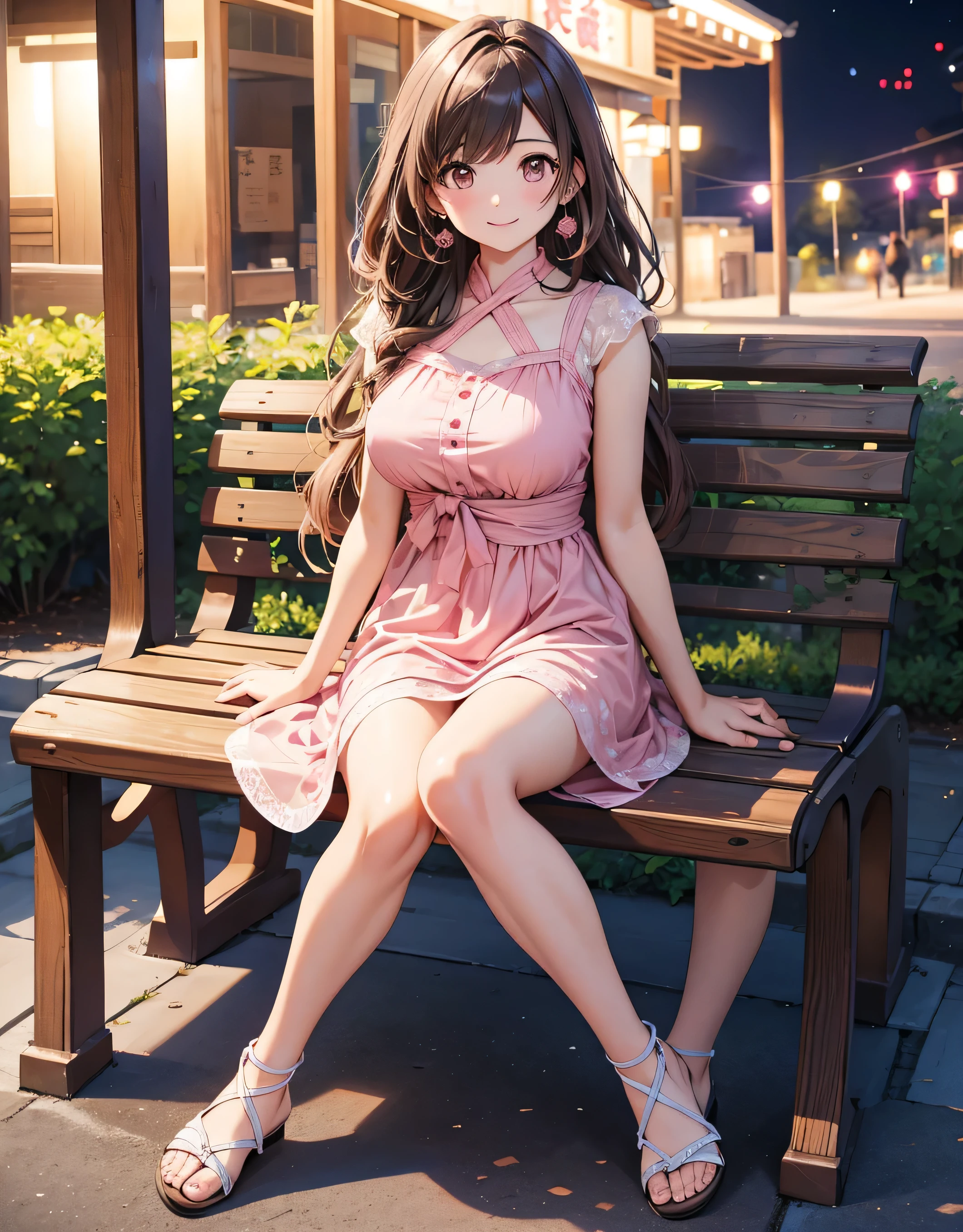 sit on a bench, one woman, big breasts, smile, long hair, Front hair, brown eyes, masterpiece, anatomically accurate, a masterpiece that won many awards, 最high quality, , high quality, beautiful eyes, very detailed, Ultra-fine, hair, ((( pink dress ))), smile, Full body emphasis, Sapporo Odori Park at night, white sandals, masterpiece, anatomically accurate, 最high quality, details, High details, high quality, quality, retina, textured skin, Ultra-fine, earrings, sommer,night, electric light, brown hair,