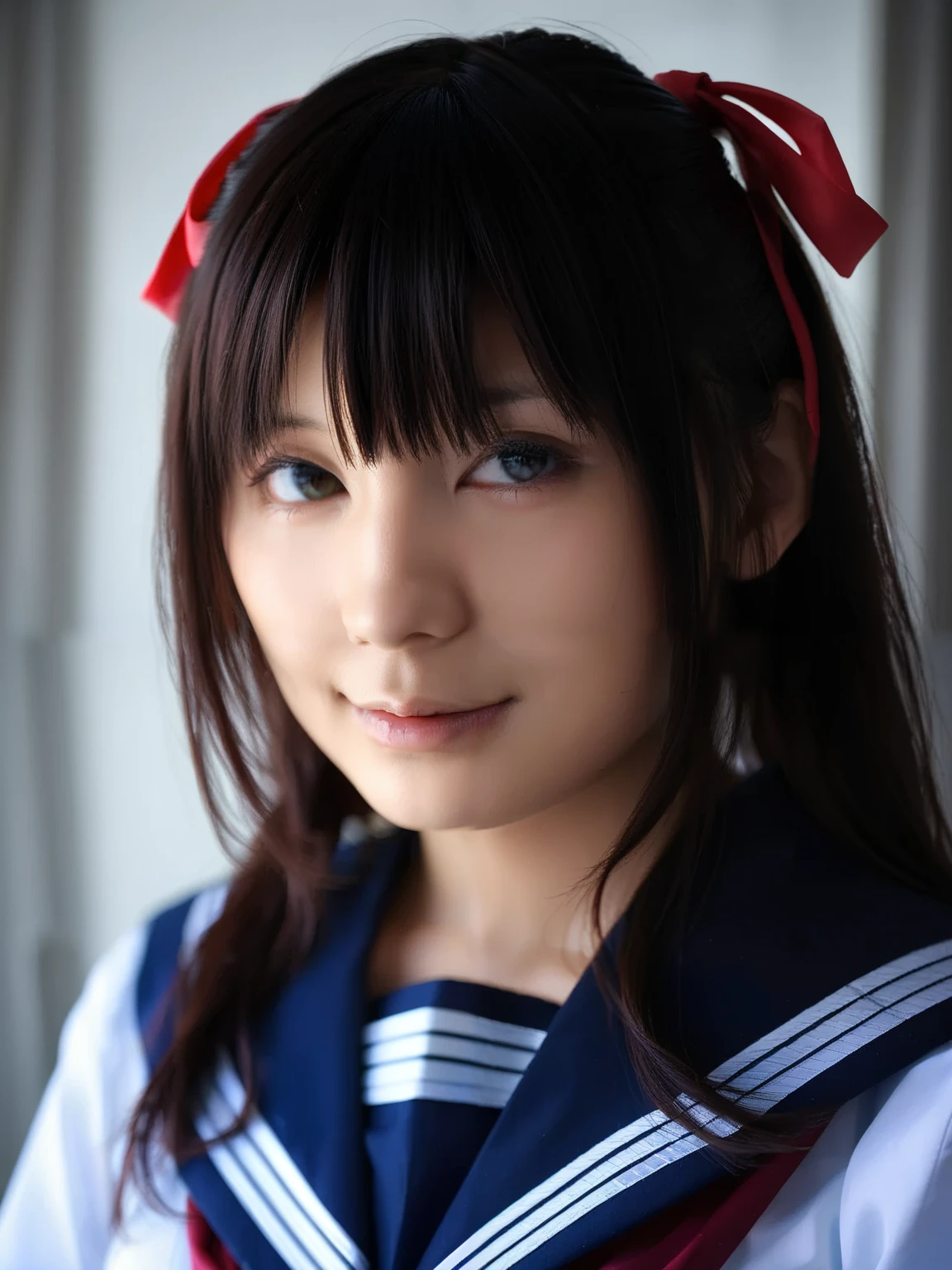 score_9, score_8_up, score_7_up, score_6_up, portrait, good anatomy, masterpiece, Best Quality, realistic, 1 girl, beautiful eyes, beautiful face, detailed eyes and face, dynamic lighting, in the dark , deep shadow, discreet , cowboy shooting, Closed Mouth, (((school uniform))), ((medium plump breasts with red ribbon)), sitting, ,