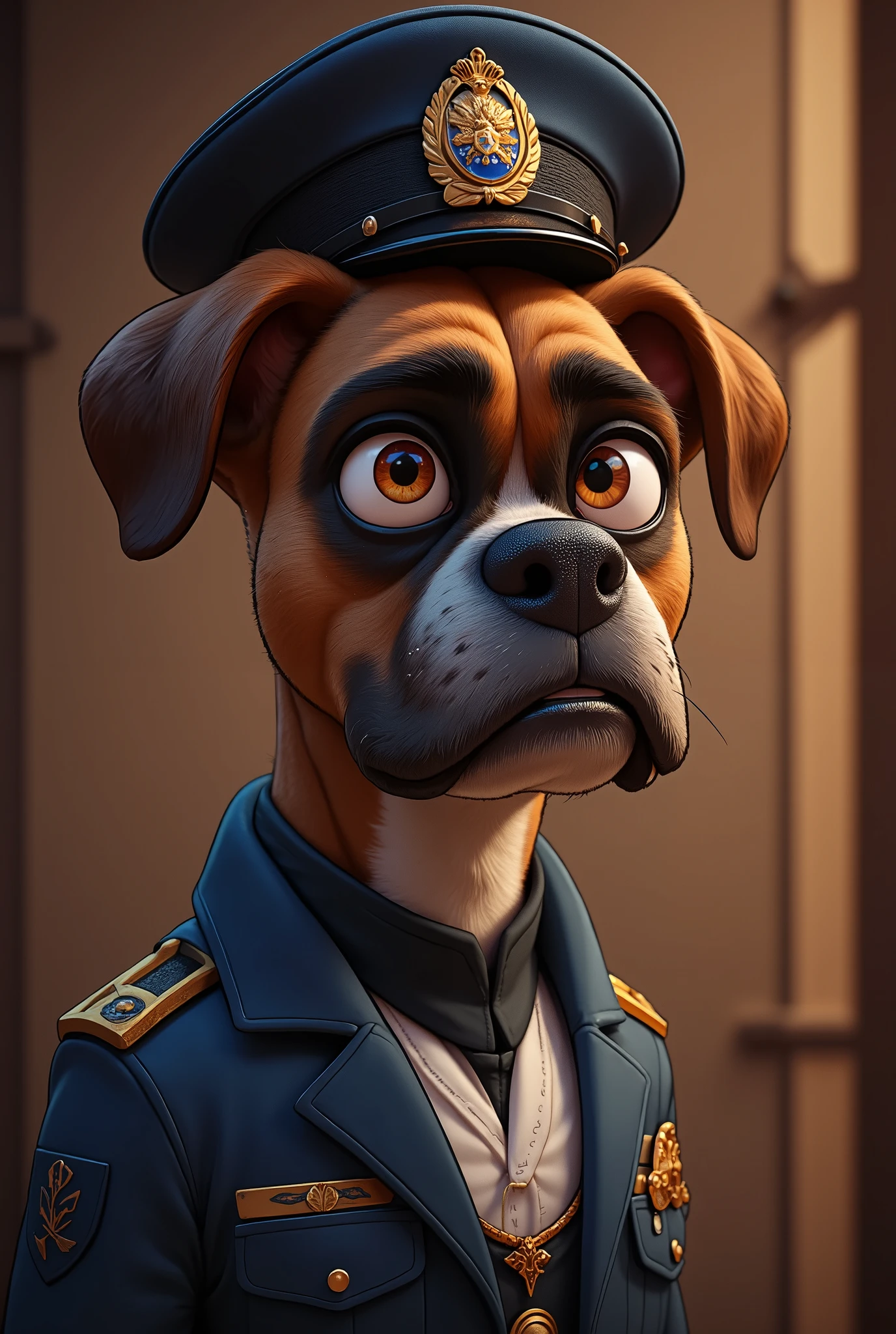 2-D art, cartoon style, old-school Disney, hand drawing, (best quality, masterpiece:1.2), side view, anthropomorphic, a Boxer dog with short hair, wearing english police uniform, police inspector, like a 1890s style, noire, simple lines, looking to camera, serteuse look, big expressive eyes, (natural textile texture, soft light, sharp:1.2), (intricate details:1.1), bokeh