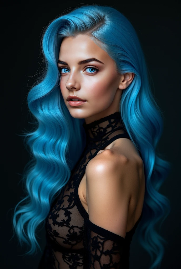 20 years old young girl with blue and white hair , long flowing blue hair, very long wavy azure blue hair, long blue hair, beautiful woman with blue hair, flowing blue hair, beautiful blue haired girl, pretty girl with blue hair, long azure blue hair, blue long hair, very long blue hair, girl with blue hair, blue hairstyle,, tall,height 180 cm, weight 45 kg, beautiful, athletic figure, medium round breasts , green eyes,(best quality, 4k, 8k, high definition), ultra detail, detailed face and facial features, beautiful detailed eyes, beautiful detailed lips, extremely detailed eyes and face, long eyelashes, graceful triangular face, classic lip shape, small graceful nose, super realistic

She is dressed in a luxurious anime-style lingerie set. The outfit consists of a deep black lace bralette with floral patterns and a matching thong, featuring intricate ribbon details and sheer fabric. The lingerie is designed with a sensual and elegant touch, perfect for showcasing in a high-end setting.

She stands with her back to the camera, looking over her shoulder to reveal the alluring details of her lingerie. The location is a stately castle interior, featuring ancient stone walls, towering columns, and dimly lit by flickering torchlight. The subdued lighting casts a warm glow on the delicate lace, creating an intimate and sophisticated atmosphere.