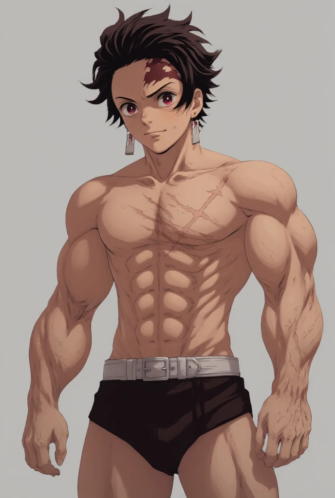 He is a 17 year old teenager, He has slightly disheveled very black hair..., somewhat light green eyes, (front angle ) , muscular body , shirtless, with Boku no Hero pants