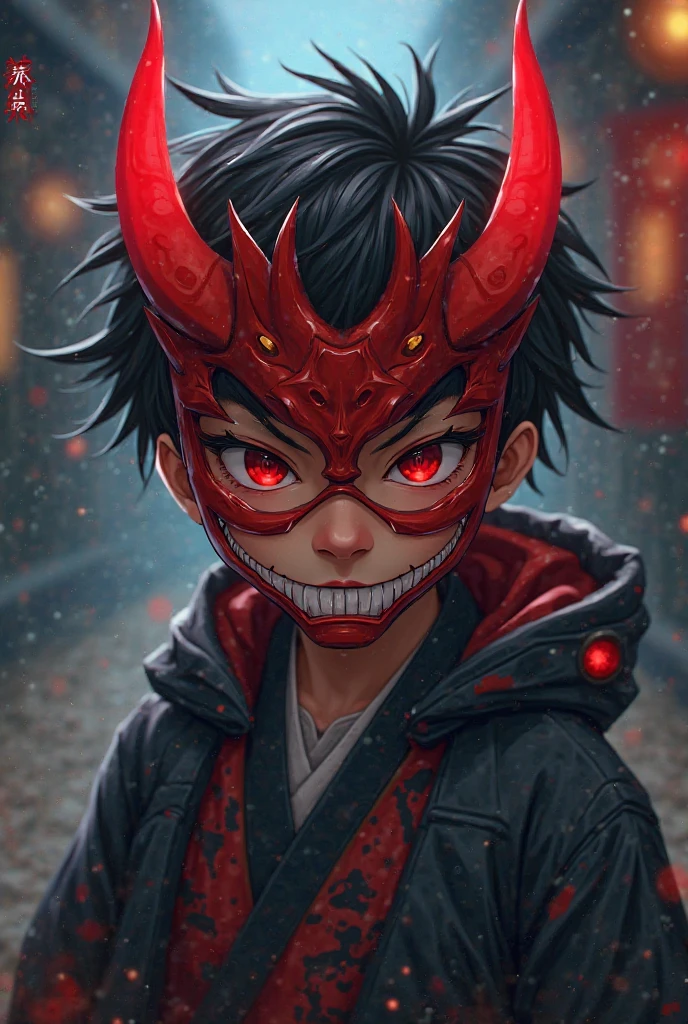 Snowy forest, masterpiece, perfect face, intricate details, horror theme, raw photo, photo unp niohxl, black glowing eyes, yokai, white skin color, demon, ???, , golden glowing horns, kimetsu no yaiba, upper moon oni, hum, with ??? human body, blood, demon slayer anime style, evil smile, long nails with blood, demon boy ???, black haori