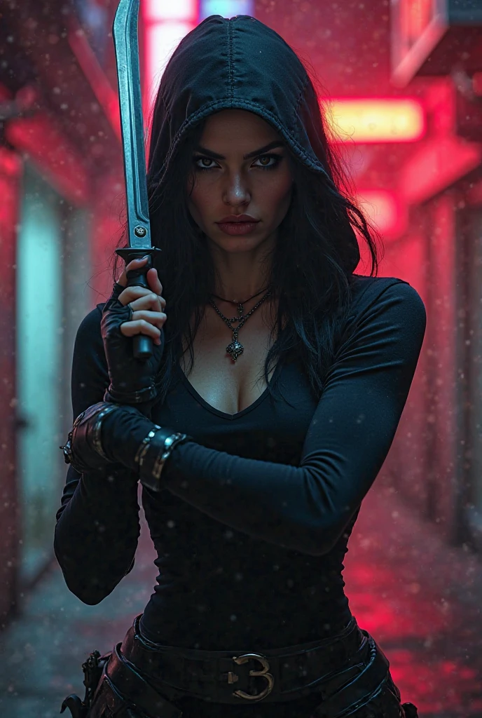 sexy stalker holds a knife and an anomaly detector in her hand in black fingerless gloves with silver long nails