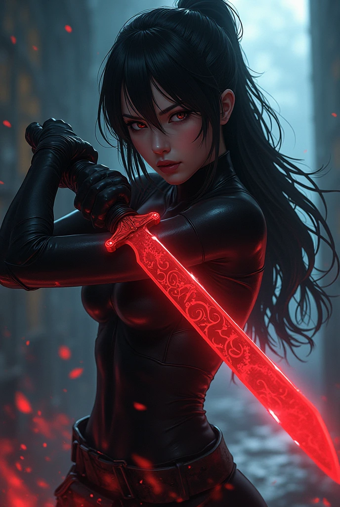 Amy lee, 1 woman, beautiful girl, long black hair, shiny, red eyes, looking at the viewer, full body framed, ninja, ninja woman, sensual ninja, dangerous ninja, very realistic light skin, wearing ninja outfit, pants, with black metal parts with sparkle, sword in hand, night, in the shadows, sneaking around