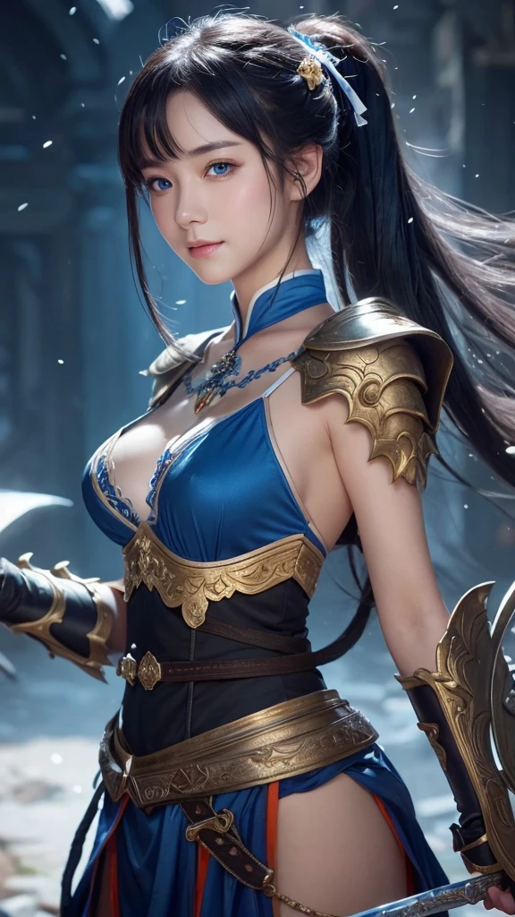 close up shot of a woman in a silver and blue dress, silver armor, large breasts, cleavage, chengwei pan on artstation, by Yang J, detailed fantasy art, stunning character art, exposed midriff