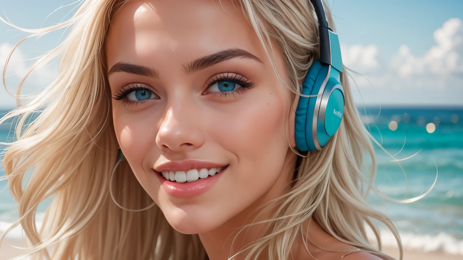 very close-up. Happy blonde supermodel wearing gold headphones. look at the camera. happy smile. In the background there is a turquoise ocean and a soft blue sky