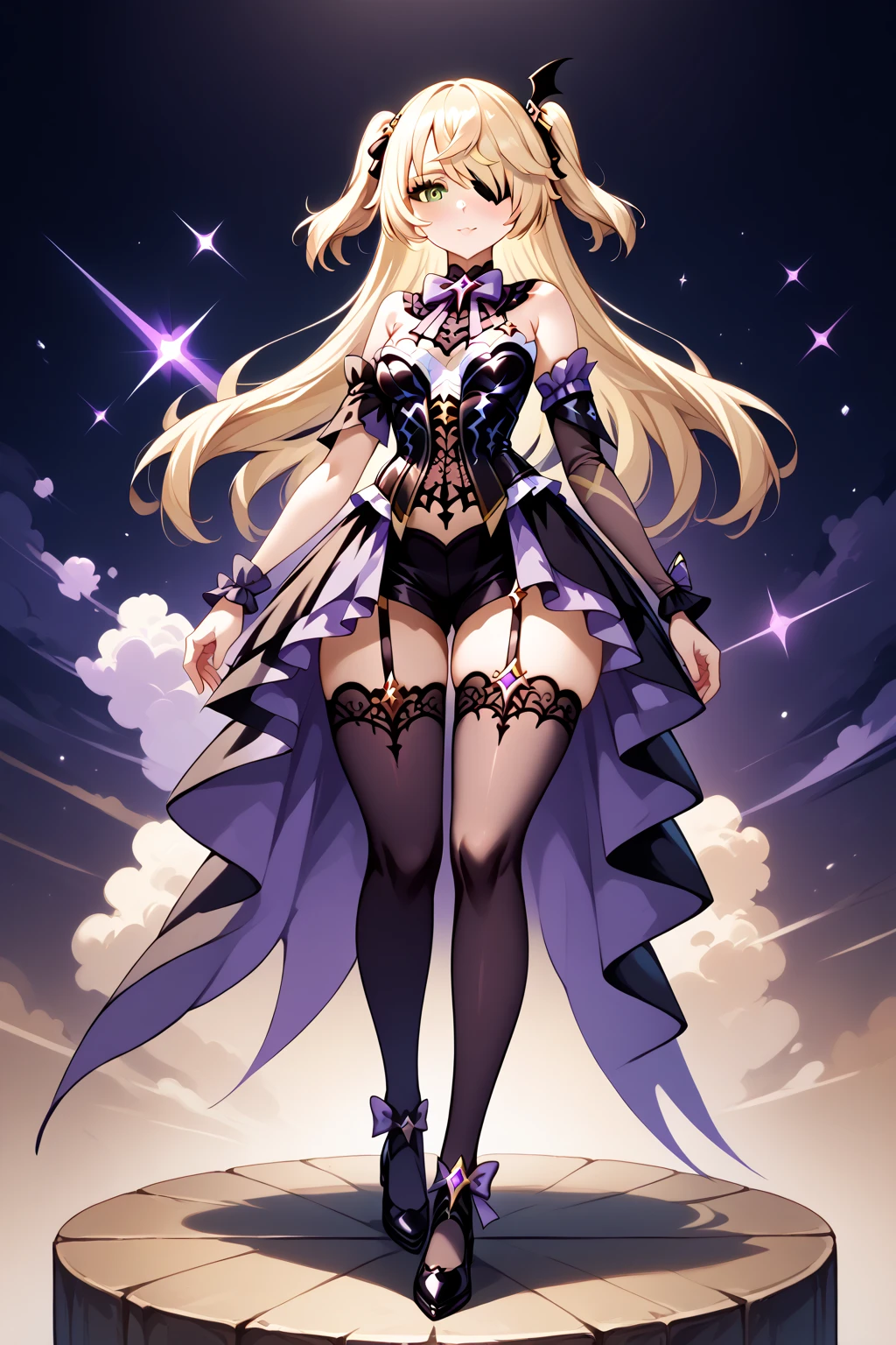 masterpiece), best quality,young Virginia Otis  With flowing golden locks cascading down her slender neck,blonde Virginia Otis possesses captivating blue eyes filled with wisdom and curiosity. Her tall, lithe frame dons a revealing corset adorned with intricate lace patterns, showcasing her enviable hourglass figure. A pair of form-fitting black leggings emphasizes her toned legs, finishing just below her knees. Over this alluring ensemble, she drapes a regal velvet cloak that swirls dramatically around her feet when she moves. Her elegant fingers bear the weight of multiple ornate rings, each telling a tale of its own. A defiant smile plays upon her lips as she dares to step into the unknown, prepared to face whatever lies ahead—all while keeping an irresistible air of femininity and bravery intact.  Donning a pair of sophisticated, yet practical oxford shoes, their black leather gleaming under the candlelight, Virginia completes her alluring ensemble. As for the colors of her clothing, the corset and leggings are adorned with meticulously placed silver sequins that sparkle in the flickering shadows, adding a hint of luxury to her daring attire. The velvet cloak features subtle hints of purple and gold threads woven into its rich fabric, echoing the mystique surrounding her life as an occult investigator. Her choice of jewelry consists mainly of silver accessories embellished with gemstones such as amethyst and topaz, symbolizing protection and clarity—attributes she deeply values in her work