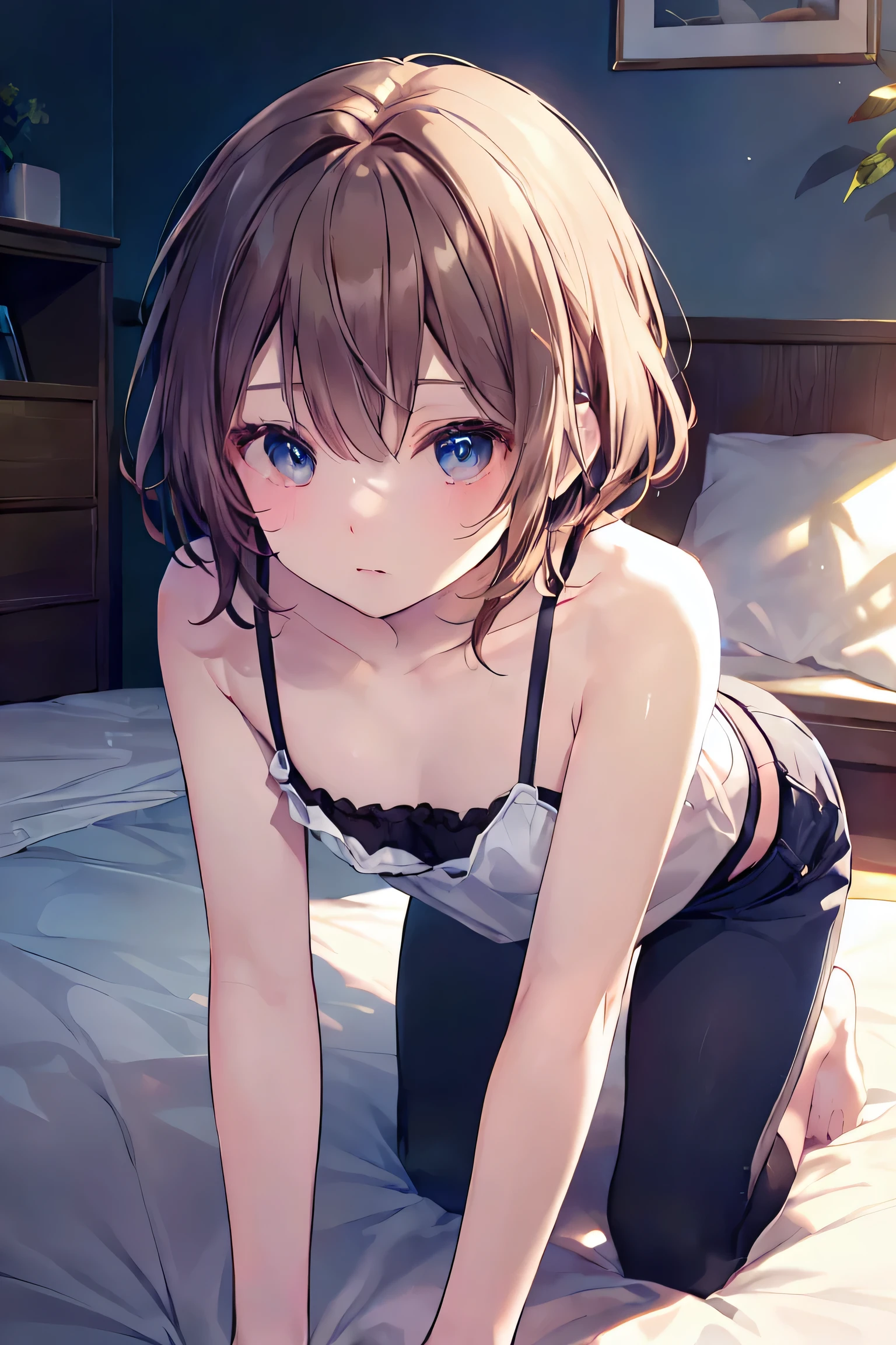 最high quality、Best image quality、masterpiece、With a girl((Very young princess、、Baby Face、 White underwear、Flat Chest、無駄肉のないFlat Chest、Silky smooth hair、Medium-long braided bob cut hair、beautiful, Very complex and realistic large vertical eyes、Bruises and gestures、A captivating smile asking for help、happiness、Cute wristband on your wrist、 type、Age-appropriate hair decorations and accessories make the whole body burn、blush、On all fours、On the bed、Get closer to your audience))high quality、Camera Film Style、With background((beautiful court bedroom at night)、Tabletop、Cool Style、Exquisite design、Visual Arts