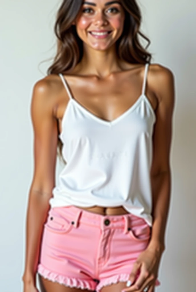 Naughty slave girl-model 25 years old, Italian facial type, so pretty, too much tanned, blonde hair, bob hairstyle, bangs, brown eyes, beautiful figure, girl wearing crop deep-pink t-shirt with short sleeves and white sexy too much short micro shorts with belt, beautiful slim long legs, slave bracelets, long slim fingers, manicure, slave choker, cute makeup, flirtatiously posing, hot summer, summer outfit, ideal anatomy, top quality, highest quality, pin-up style, retro 80s style, Daisy Dukes style, Retrowave vibe, Miami vibes, Californian, American style of Hollywood, bright colors, hiperrealism