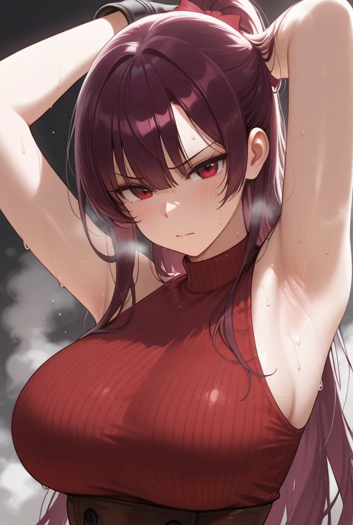 muscular yellow eyes pale skin girl sad cleavage blushing frown sweaty big breasts black hair perfect quality