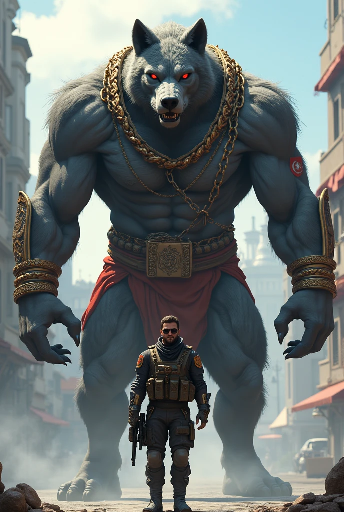 Picture a dystopian future in the year 2500, with a steampunk aesthetic. In the center of the frame is Kintaro, a burly Japanese man with a vibrant expression. He's equipped with a massive energy axe and is wearing a combat suit. His head is covered with a bear fur hat, and a bear-shaped pendant around his neck serves as a power booster. His companion is a massive bear, adding a unique element to the scene. The color scheme is a mix of gold and brown. The image should be rendered in a hyper-realistic style, with a high level of detail and a resolution of 16k. The lighting should be low and moody, with warm lights casting long shadows and creating a sense of drama. Use a telephoto lens to emphasize Kintaro and his bear against the backdrop of the desolate landscape. --ar 16:9 --v 5.1 --style raw --q 2 --s 750