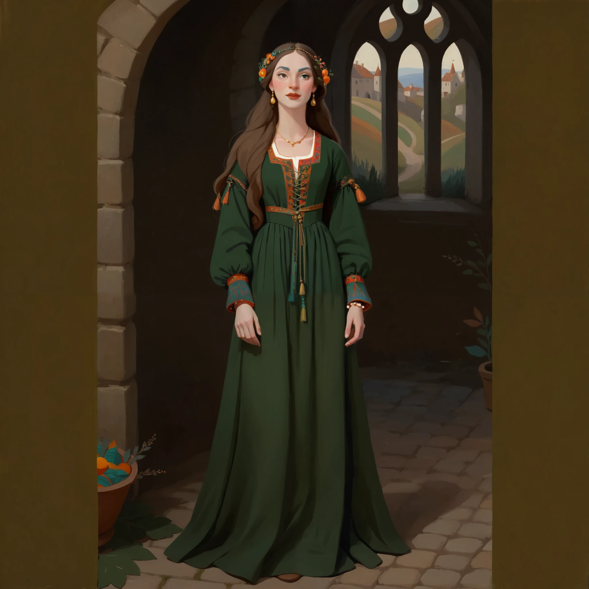 score_9, score_8_up, score_7_up, score_6_up, score_5_up, score_4_up, 1_woman, brow hair, long_hair, wearing a vibrant long peasant medieval dress, detailed clothing, sketches, detailed thick gouache painting, illustration, in gougoupaintleaves style:1.5, hyper_dynamic scene, pov from above, Flat painted style, style, XLCOMIC_POS