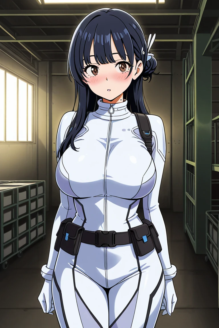 (((High quality))), 1girl, solo, black hair, messy hair, bangs, large breasts, wide hips, karate uniform