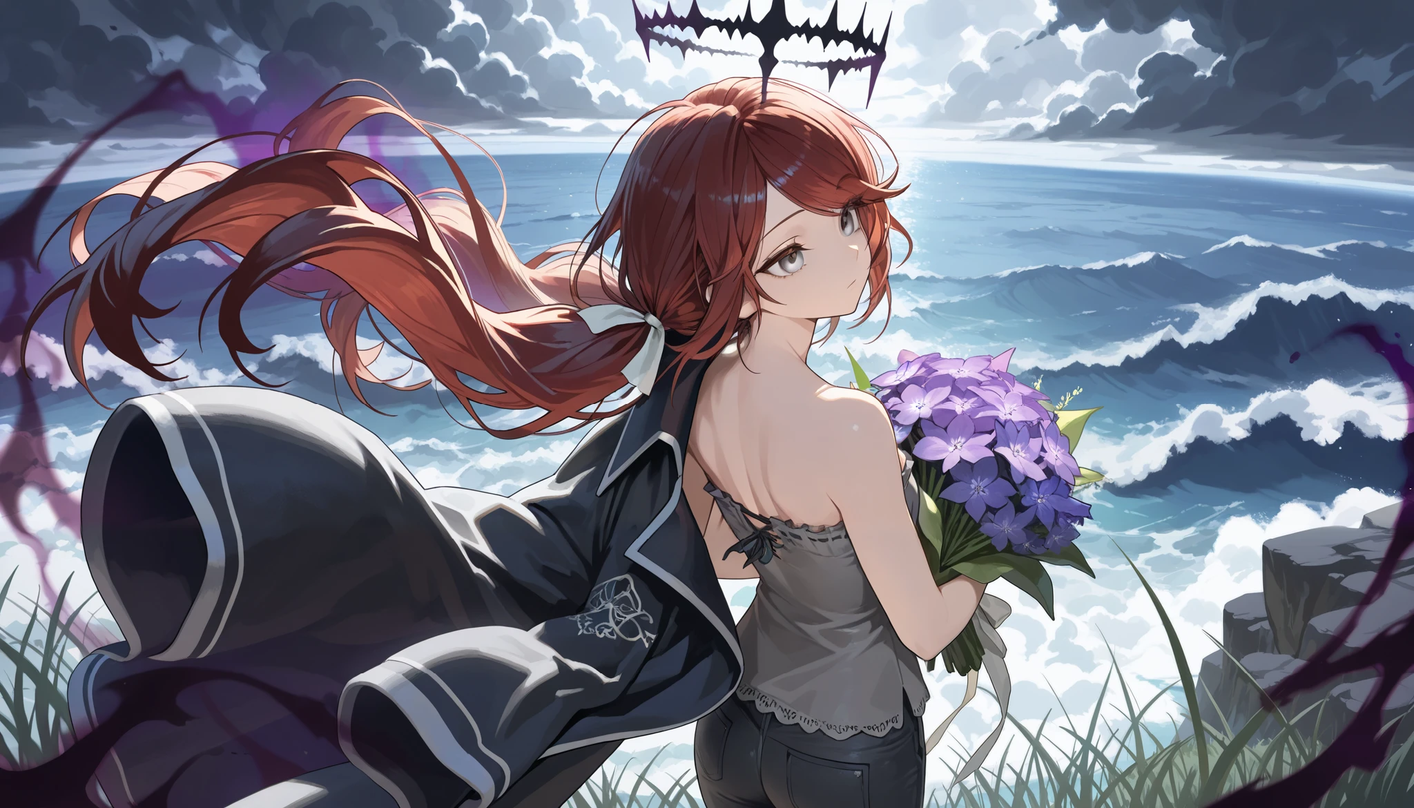 (masterpiece:1.2, Best Quality), (finely detailed beautiful eye: 1.2), (beautiful detailed face), (masterpiece:1.2, Best Quality), (finely detailed beautiful eye: 1.2), (beautiful detailed face),from above, from behind, looking out to sea, storm clouds, dark aura, dark energy, bristly hair, dark aura, shadowy aura, upper body, thin girl, holding bouquet of purple flowers, expressionless, :l, Gray eyes, lifeless eyes, head tilt, dark red hair, swept bangs, low twin tails, white ribbons, strapless sleeveless shirt, gray shirt, shirt with white trim, frill trim, black coat worn over shoulders, black jeans, black nails, thin thighs, thin legs, sea in distance, shimmering sea, tall grass, atop cliff, close up, messy hair, stoic, shadowy aura,