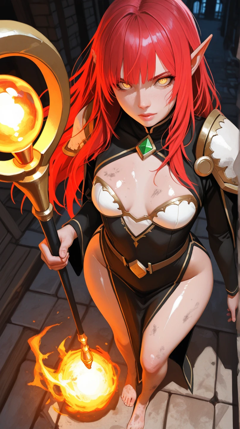 Angry tan draconic female barbarian with a massive demonic polearm. She is tall, powerful, broad-shouldered, thin-waisted, slim-hipped, fit, toned, lean, and very muscular. Defined abs and muscles with prominent veins. She wears a simple loincloth. Reddish scaly skin. Wild spiky mohawk, glowing ruby red eyes. Intense expression. Smoke curls up from her nostrils