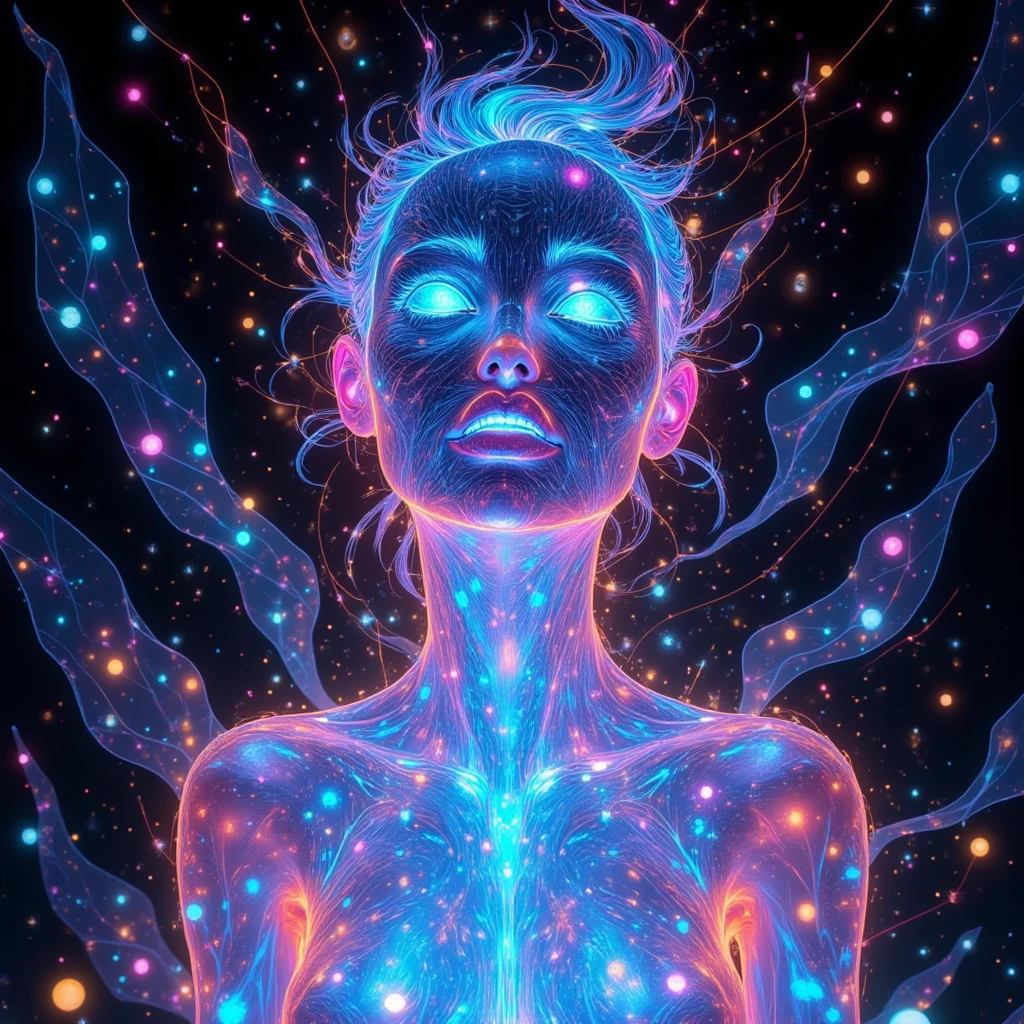inconceivable and spectacular a scene of emergence of a figure from the glowing cloud, fractal nebula threads, cosmic entities, celestial, cosmic, vibrant and vivid, swirls, twirling, unrealistic, high contrast, symobolism, magical, mystical, mystifying, hyperrealistic, oversaturate, colorfully