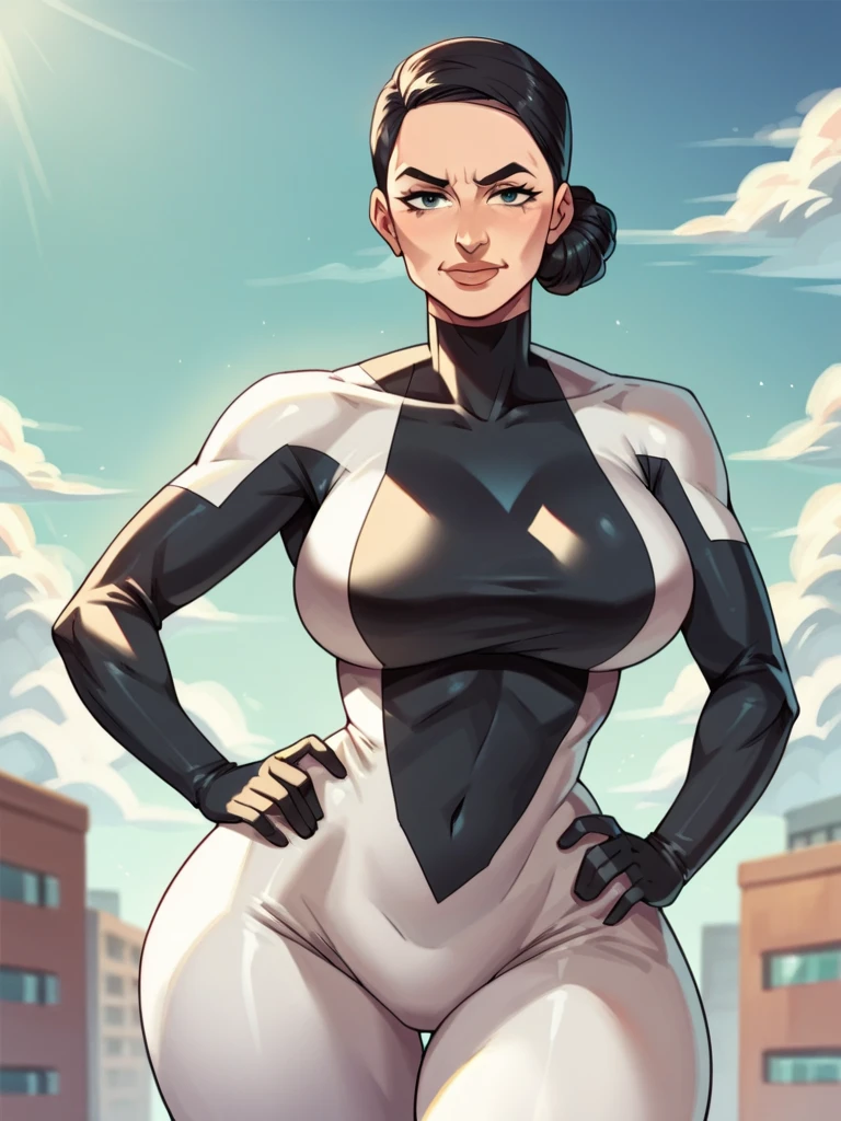 Female,milf, black hair, hair bun, gigantic , gigantic ass, superhero suit - SeaArt AI