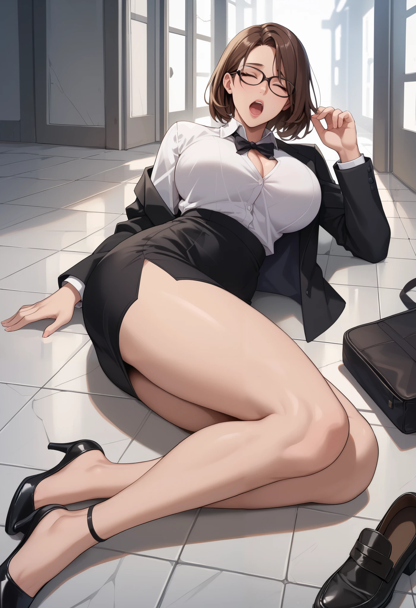 office,machine,Bob,Black jacket,White shirt,Cleavage,Leg spread,M-foot:1.7,Job recruitment suit:1.5,Ahega,Sexual climax:1.5, Pencil Skirt,High heels