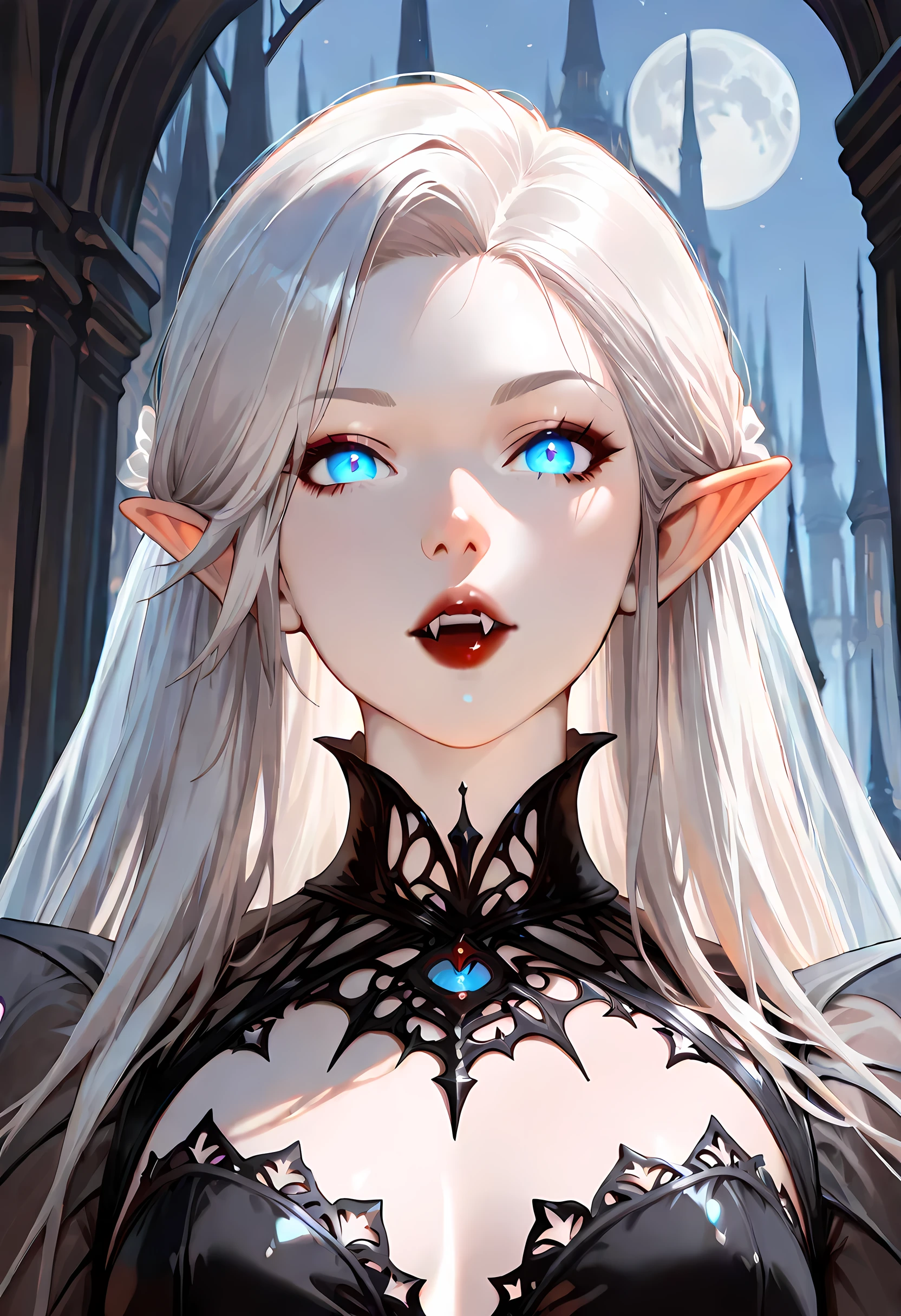 In the middle of ruined old castle there is beatiful undead lich queen who stand under the stary night sky, she have beatiful face, long silver hair with pink highlights her eyes is emerald green red lipsick and smoky eyes make up, her naked tattooed body cover only with black transparent spider web vail, (ultra high quality fantasy art, dark fantasy style, masterpiece, ultra high quality character design, 8k quality anime art, realistic anime art, top quality wallpaper illustration, detailed ultra high quality accurate face, high quality design and accurate physic)